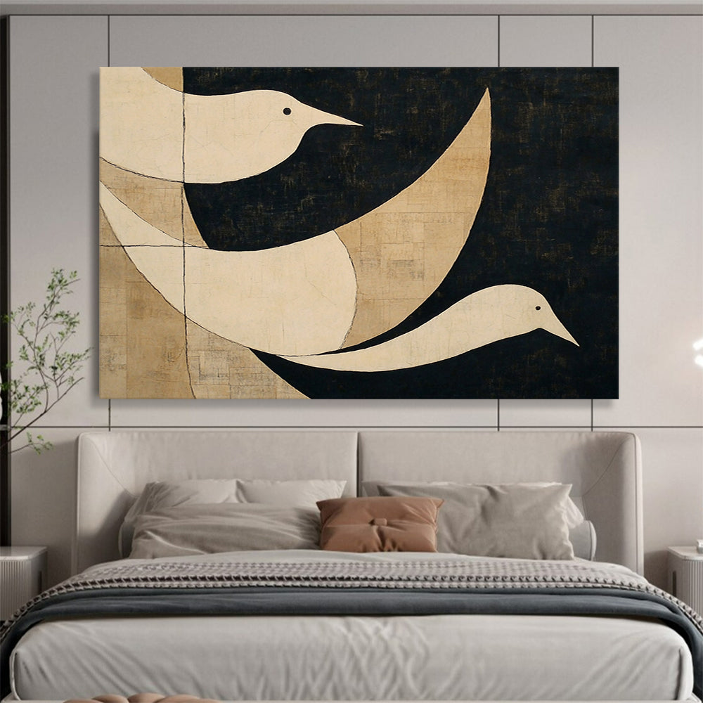 “Minimalist Birds” - White, black, beige, Minimalist Animal Painting HB0635
