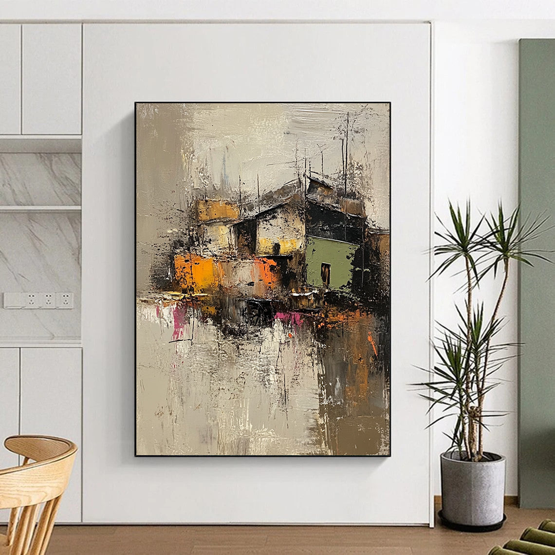 Contemporary abstract artwork featuring an old village in muted grey and brown, highlighted with vibrant green, yellow, orange, and pink textures. DLZ0961