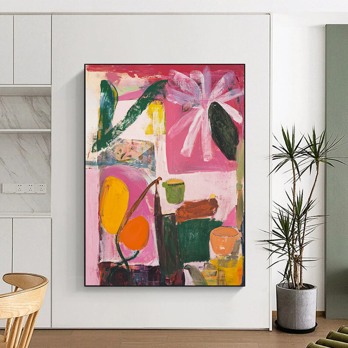 Contemporary abstract art features floral shapes in pink green and yellow against a light red background with a window and muted brown edges. DLZ0989
