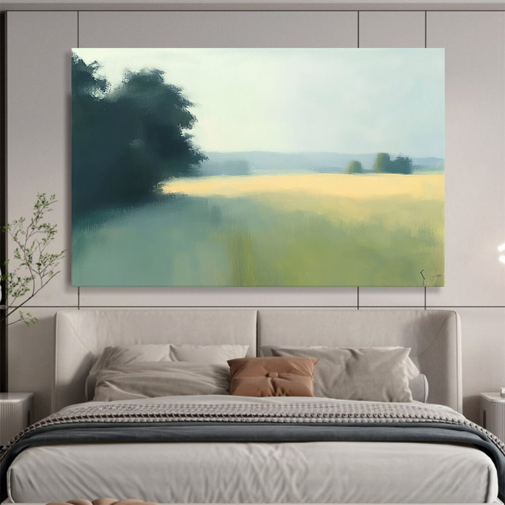 “Misty Field Landscape” - Green, yellow, blue, soft focus, Impressionist Landscape Painting HB0620