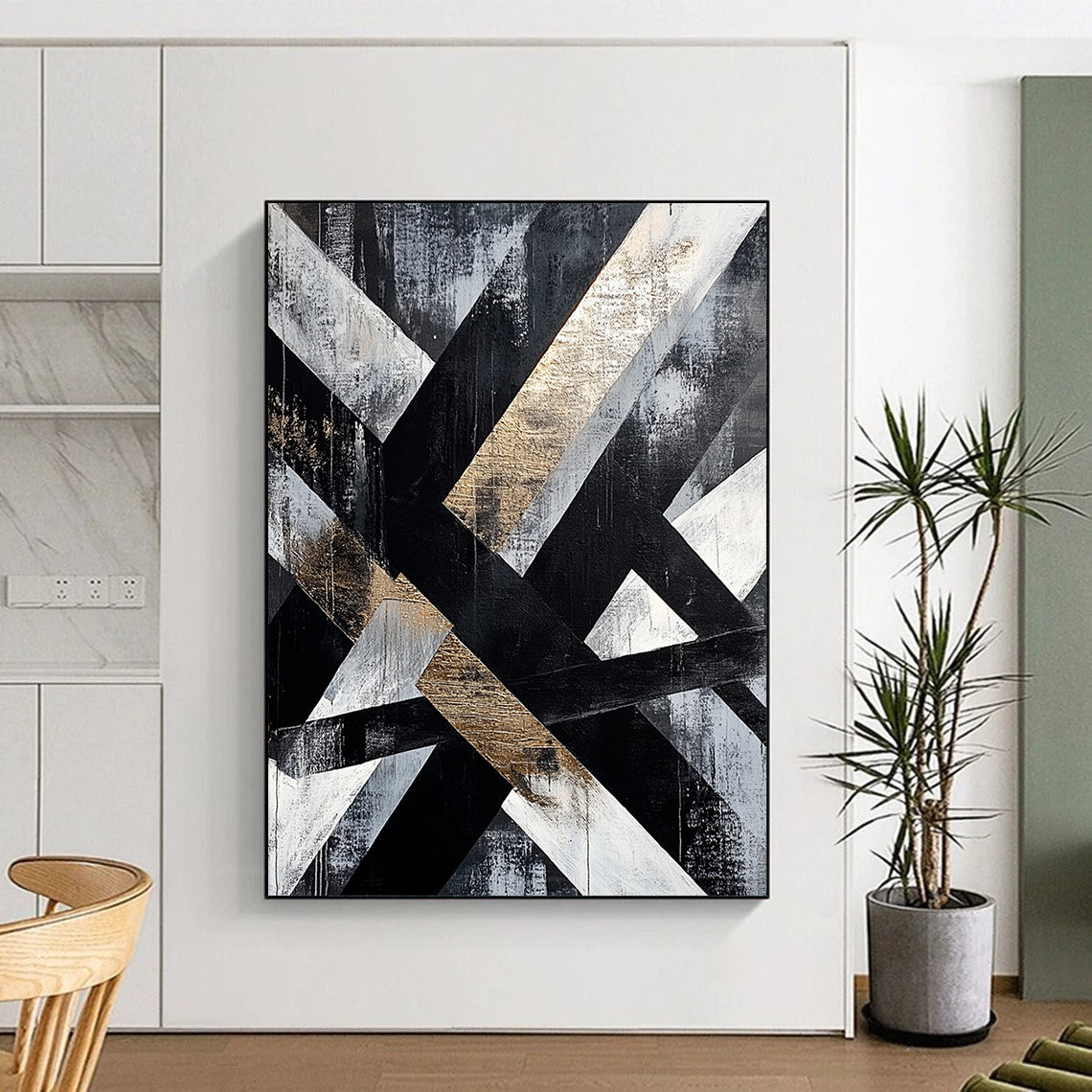 Gray, Black, White, Gold, Intertwined Stripes "Gilded Weave" Abstract Modernist Painting On Canvas HB078