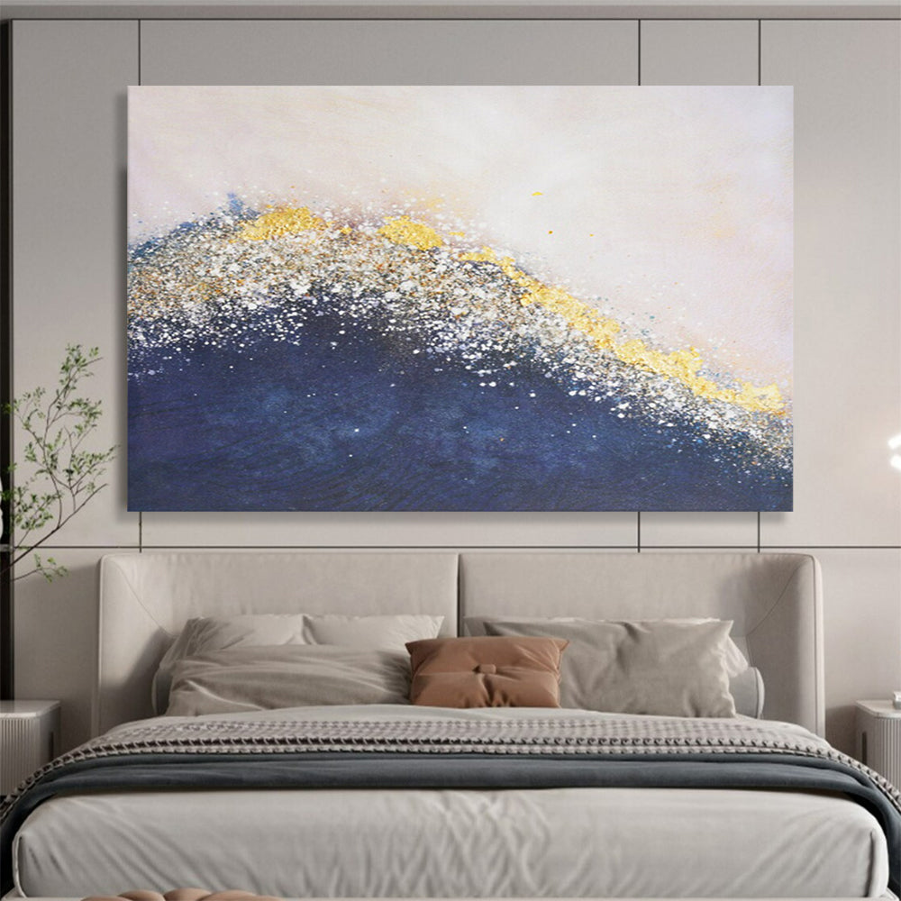 Gold & Blue Abstract Wave - Elegant Living Room or Bedroom Art DLZ268