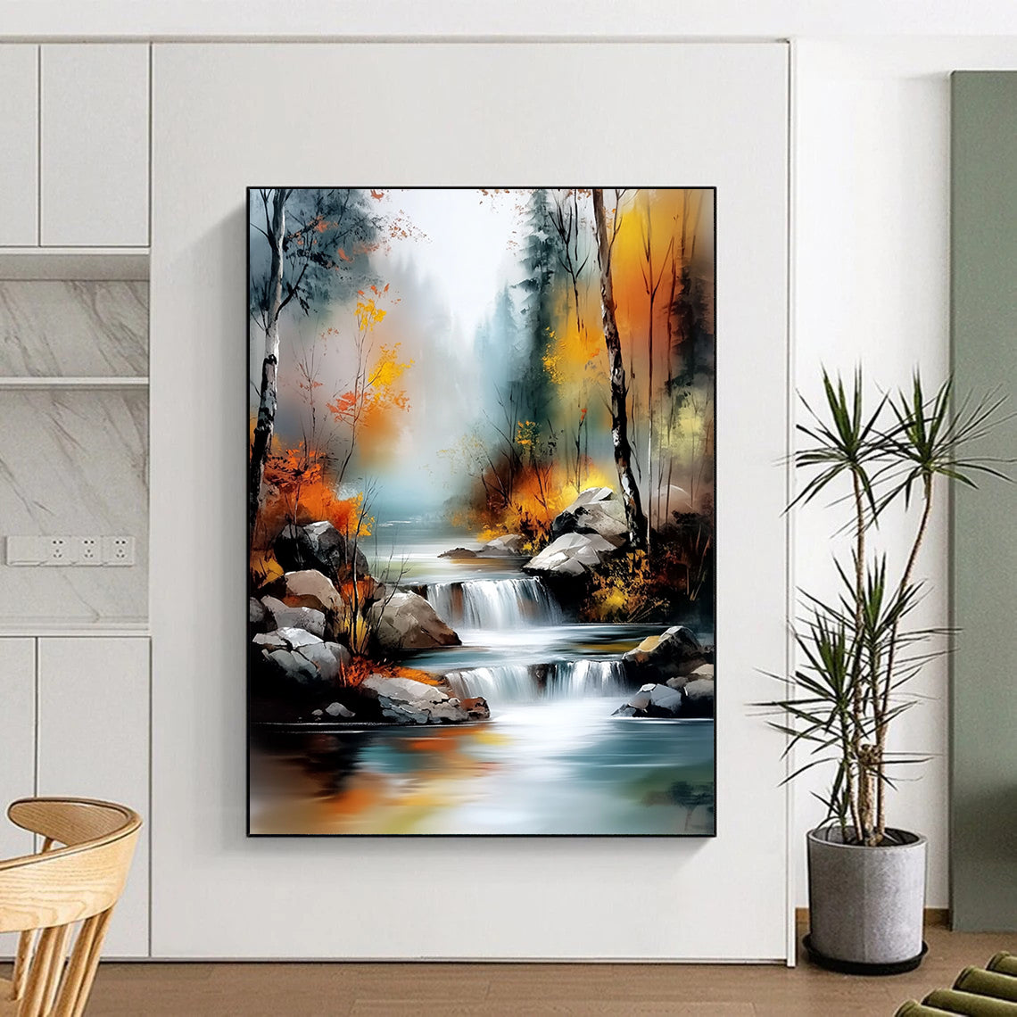 Contemporary abstract landscape featuring a tranquil river amid an autumn forest with misty hues and vibrant light effects in a digital watercolor style. DLZ1128