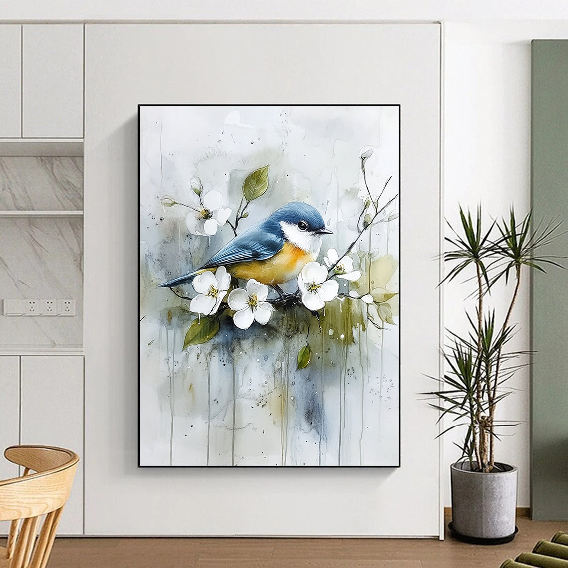 Contemporary abstract art featuring a blue and yellow bird on a branch among white flowers and green leaves with soft watercolor effects. DLZ1122