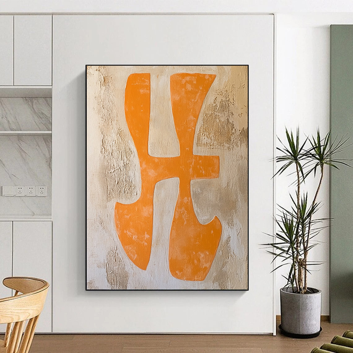 Contemporary abstract painting featuring orange "Xing" characters in a textured canvas with warm terracotta and pale yellow hues. DLZ1706