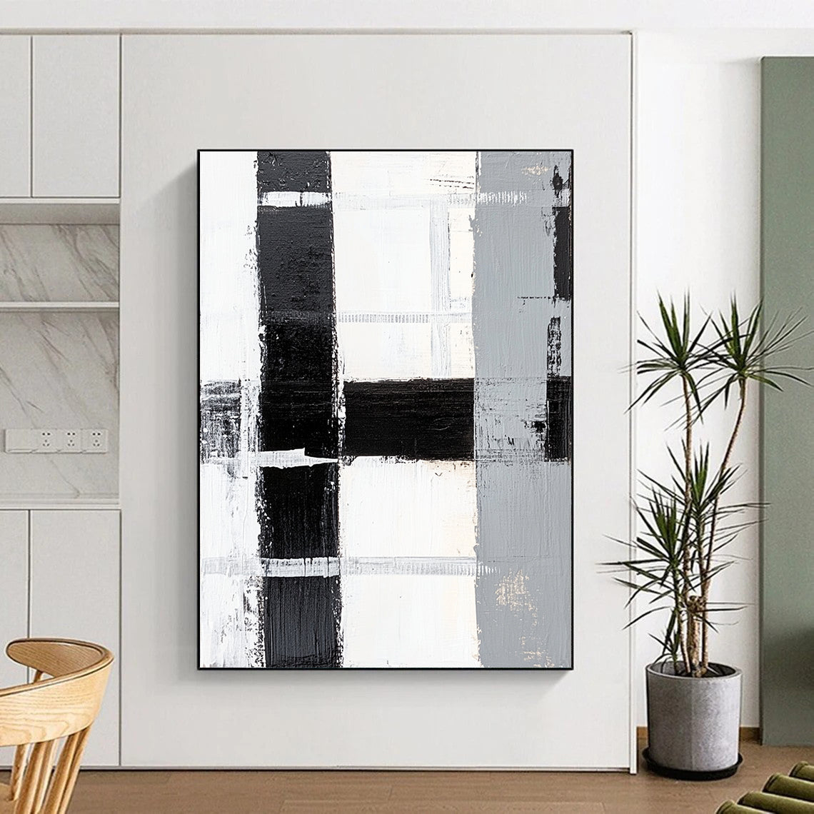 Black, White, Gray, Patchwork Squares "Monochrome Patchwork" Abstract Minimalist Painting On Canvas HB160