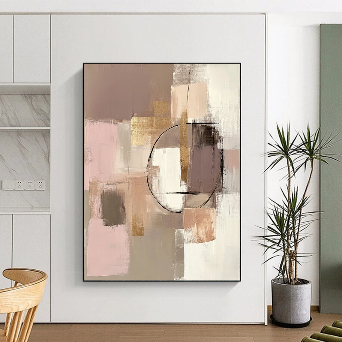 Contemporary hand-painted abstract artwork featuring beige and pink tones with geometric elements and gold accents in soft textures. DLZ0874