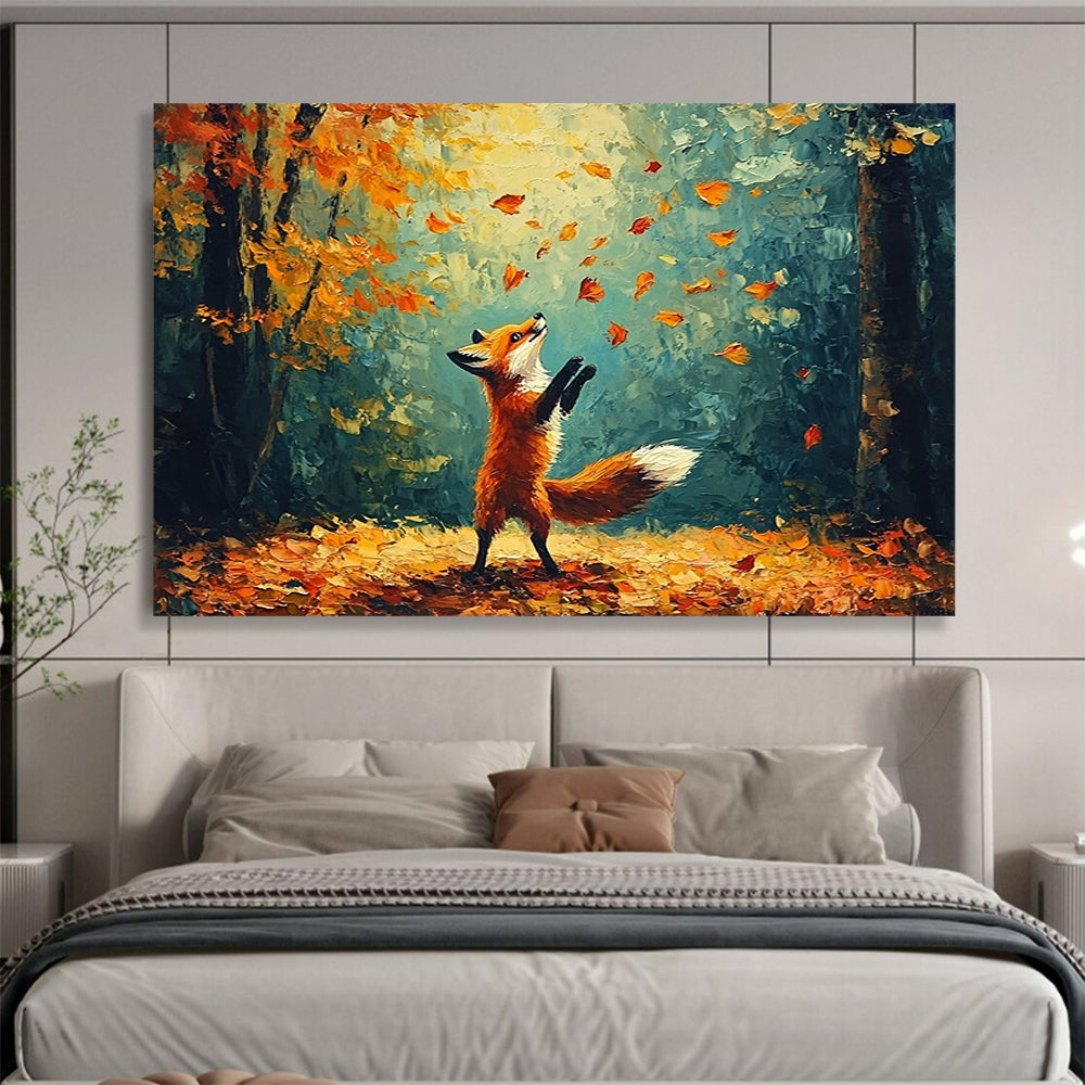 “Fox in Autumn Forest” - A fox playing with leaves in a colorful forest, Impressionist Animal Painting On Canvas HB0552