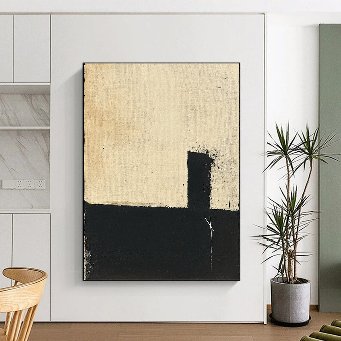 Contemporary hand-painted abstract art featuring a minimalistic black and beige palette with simple shapes and visible brush strokes on inked paper. DLZ0940
