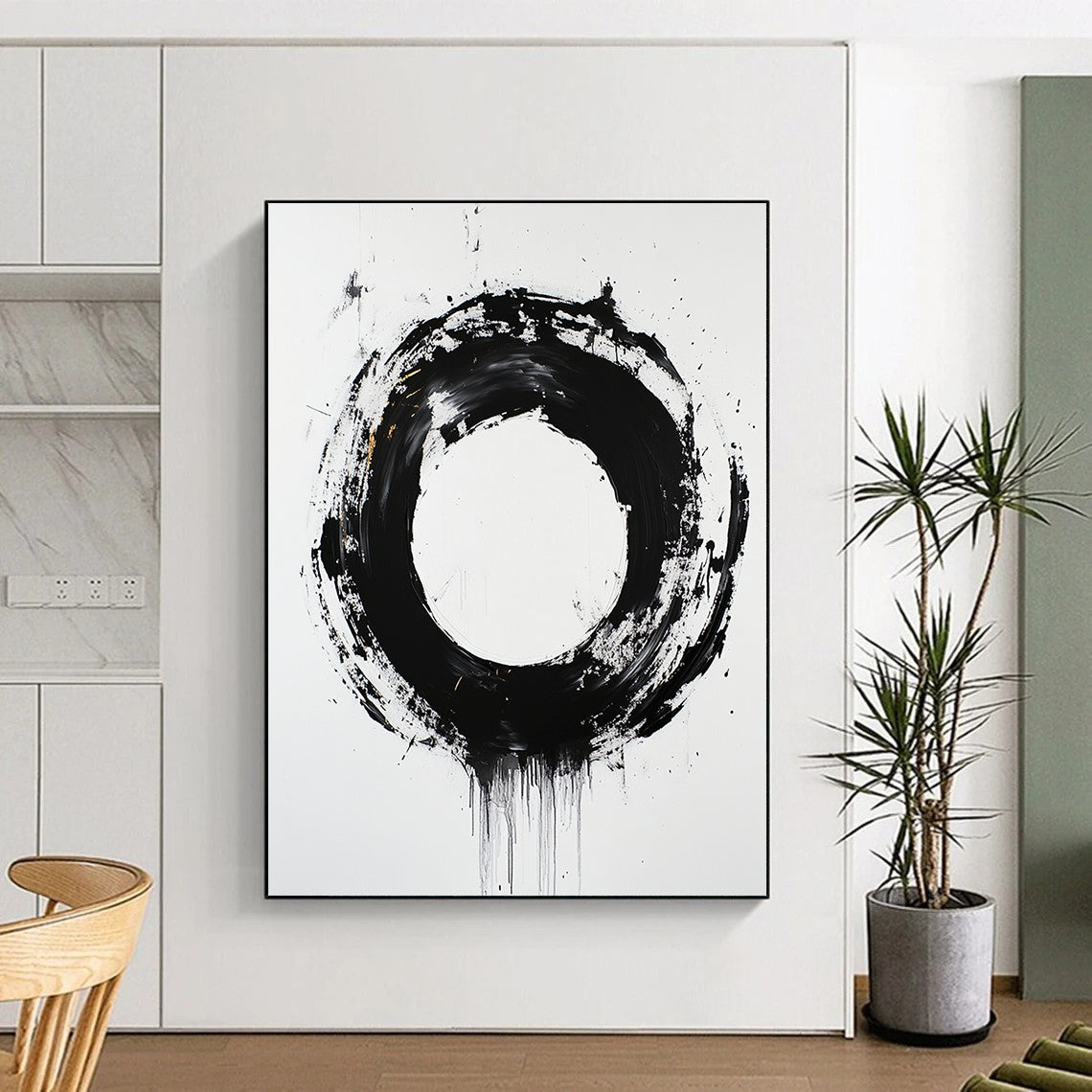 White, Black and Gold Abstract Circle "Dynamic Enso" Painting On Canvas HB366