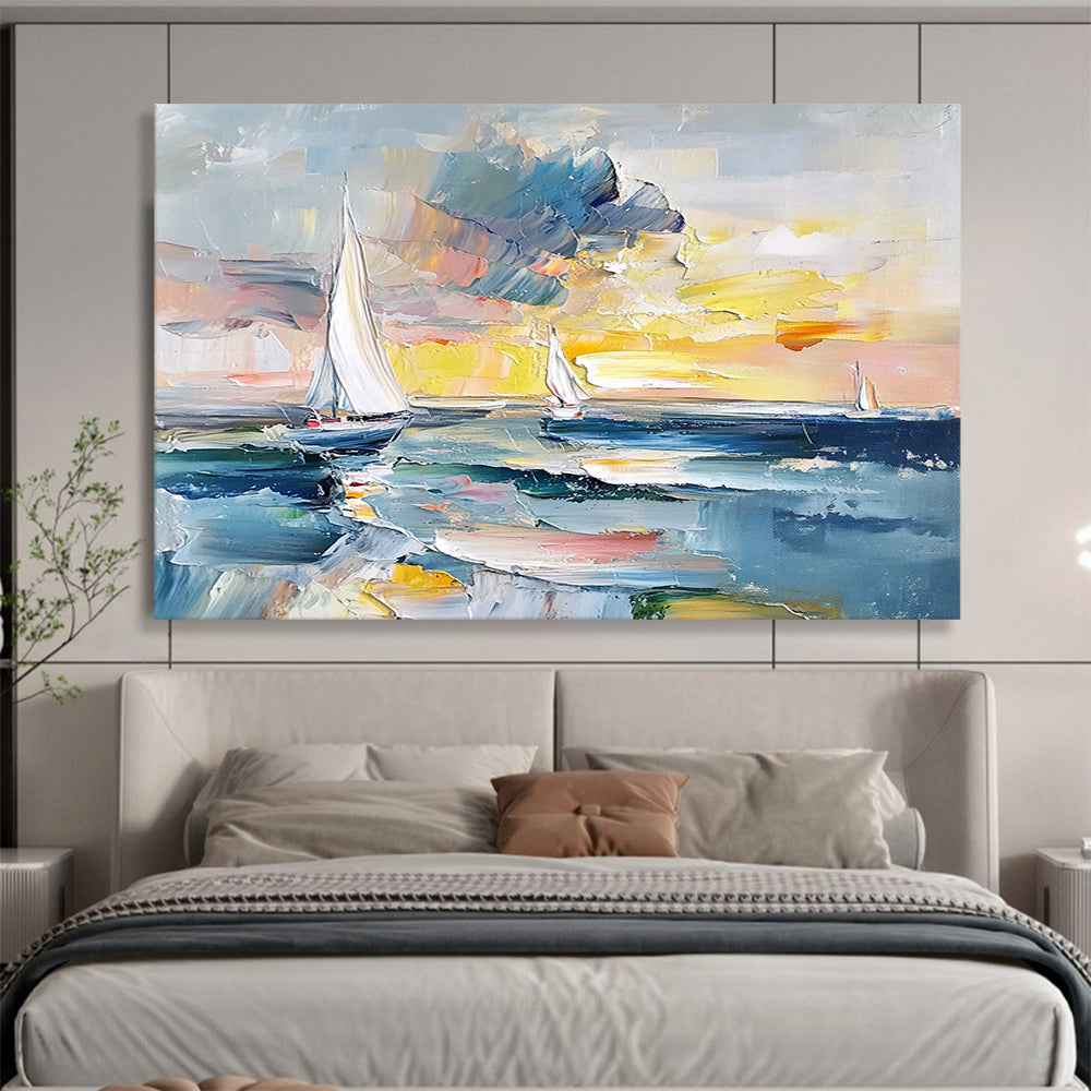 “Colorful Sailboat Sunset” - Blues, Yellows, Oranges, Abstract Sailboat Scene - Impasto Oil Painting HB1722