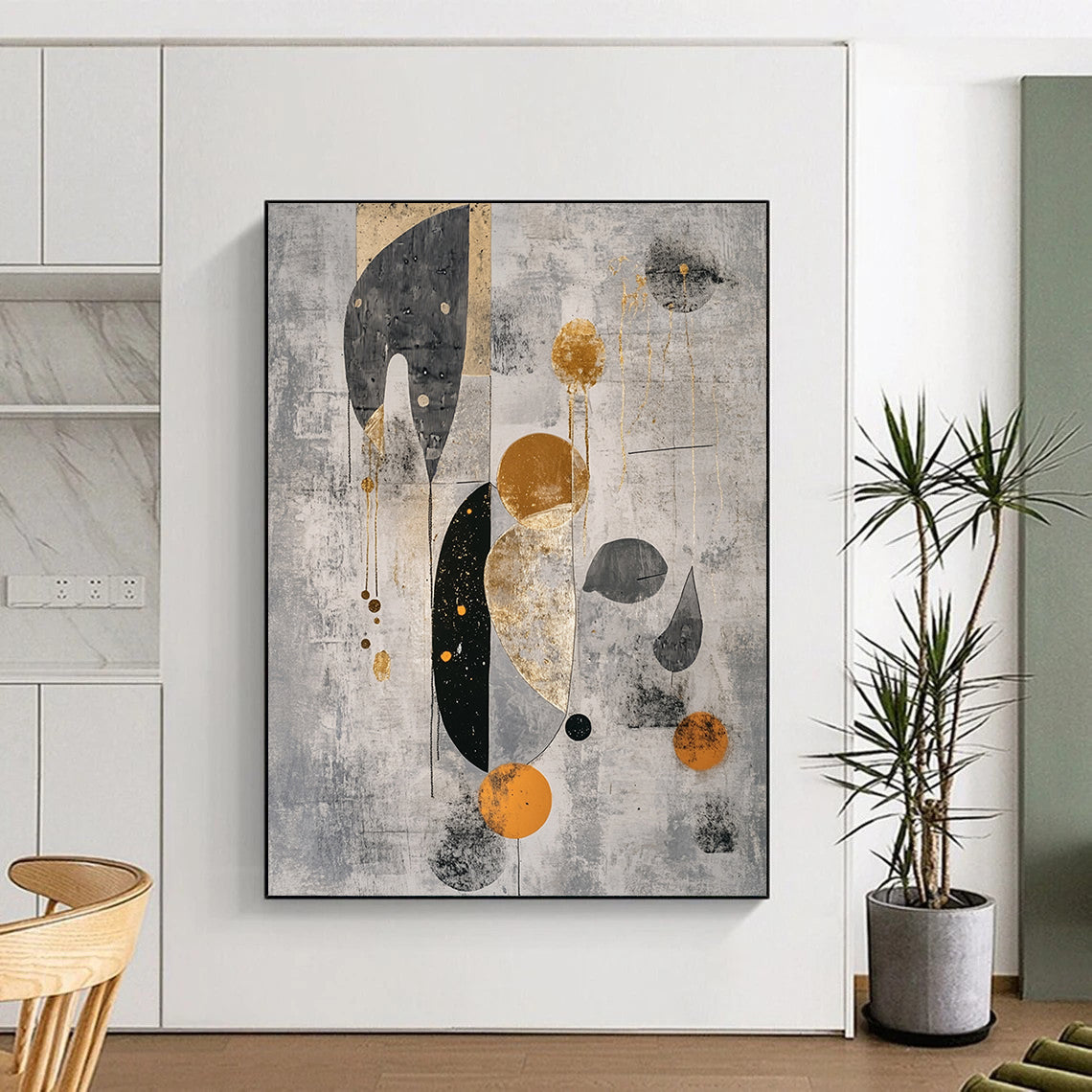 Gray, Black, Gold and Orange Geometric Shapes "Ethereal Geometry" Painting On Canvas HB331