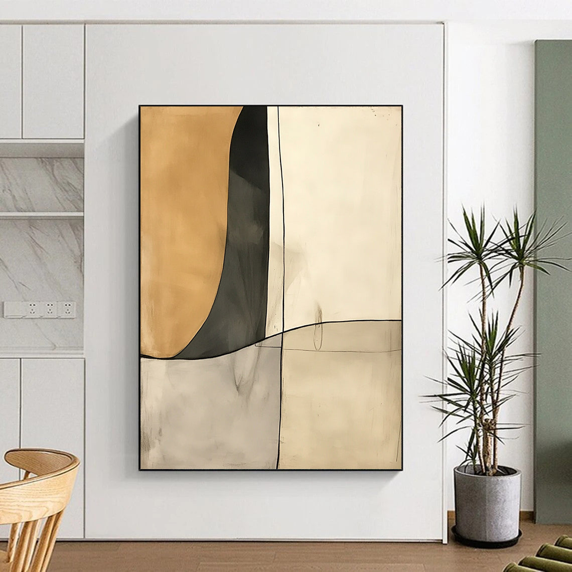 Contemporary hand-painted abstract art featuring deconstructed minimalism in cream and gray tones with negative space and fluid shapes. DLZ1391