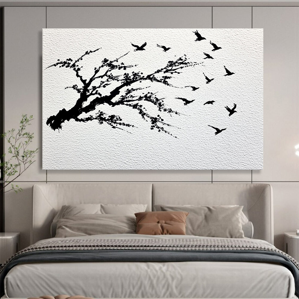 “Black - White Plum Blossom & Birds” - Black, White, Minimalist Nature Silhouettes - Ink Painting HB1631