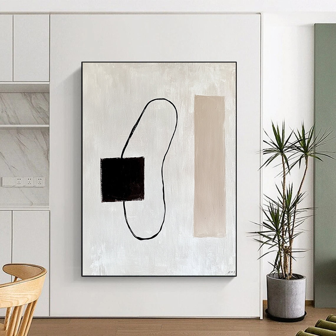 Contemporary abstract painting featuring a dark brown electrical wire on a white background with minimalist lines and a beige rectangle inspired by Matisse. DLZ1316