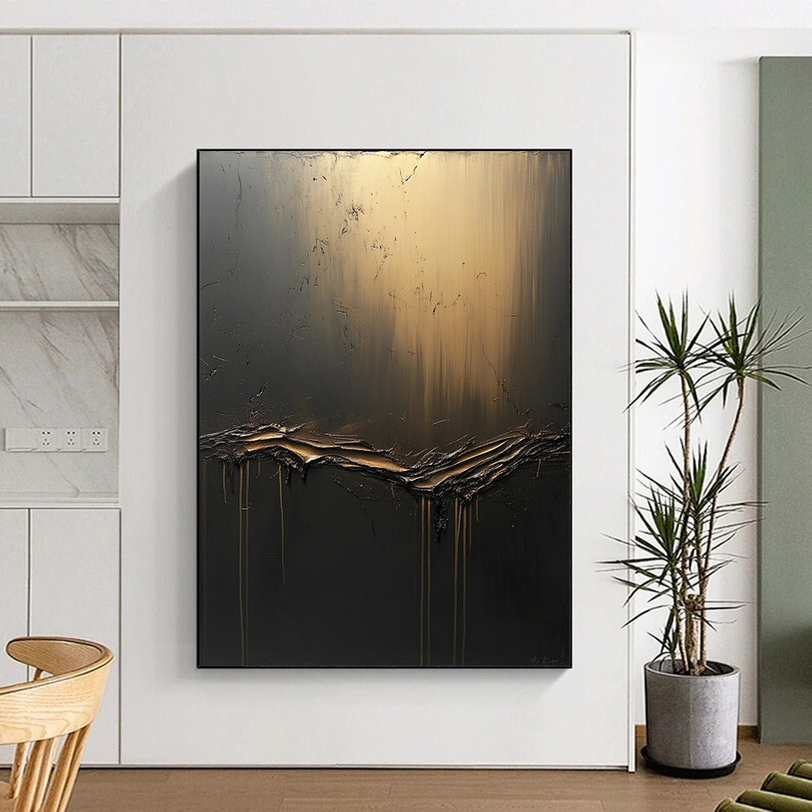Large contemporary hand-painted abstract artwork features textured dark gray canvas with golden light and flowing black fluid, accented by ethereal shapes. DLZ0691