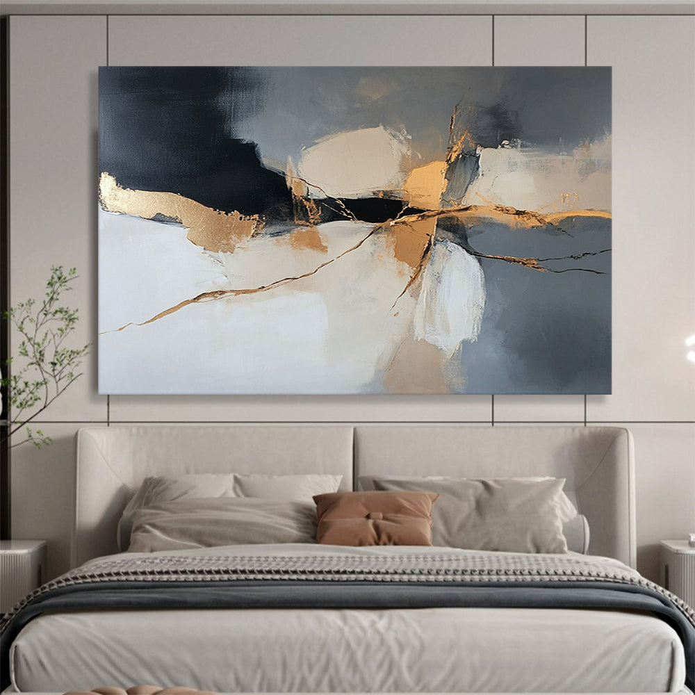 “Gilded Cracks” - Gray, Gold, Black, Abstract Textured Painting On Canvas HB1059