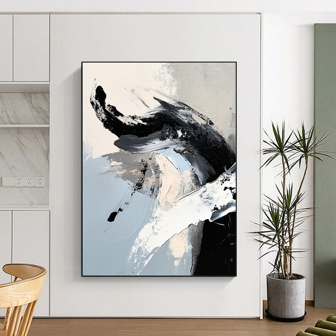 Contemporary abstract painting features striking black and white brushstrokes with a dragon-like shape in ink-like detail, embodying minimalistic expressionism. DLZ0736