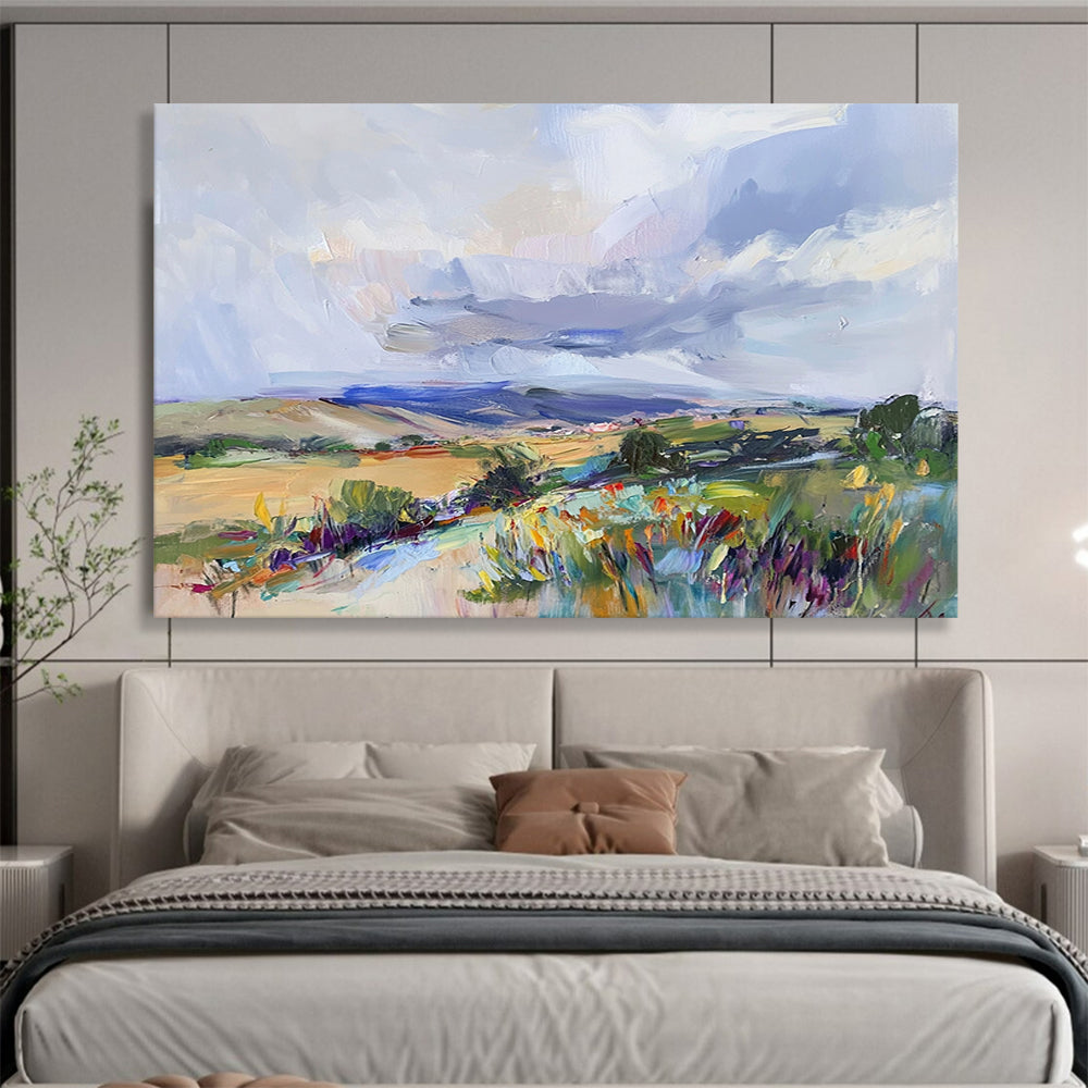 “Colorful Countryside Vibe” - Vivid Greens, Yellows, Blues, and Purples, Lively Impressionistic Landscape Painting On Canvas HB0915
