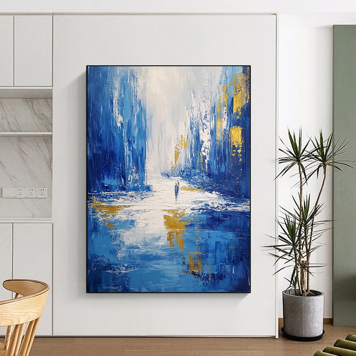Contemporary abstract artwork featuring thick cold blue brush strokes depicting an icy cityscape with dynamic highlights and reflections on flowing water. DLZ0350