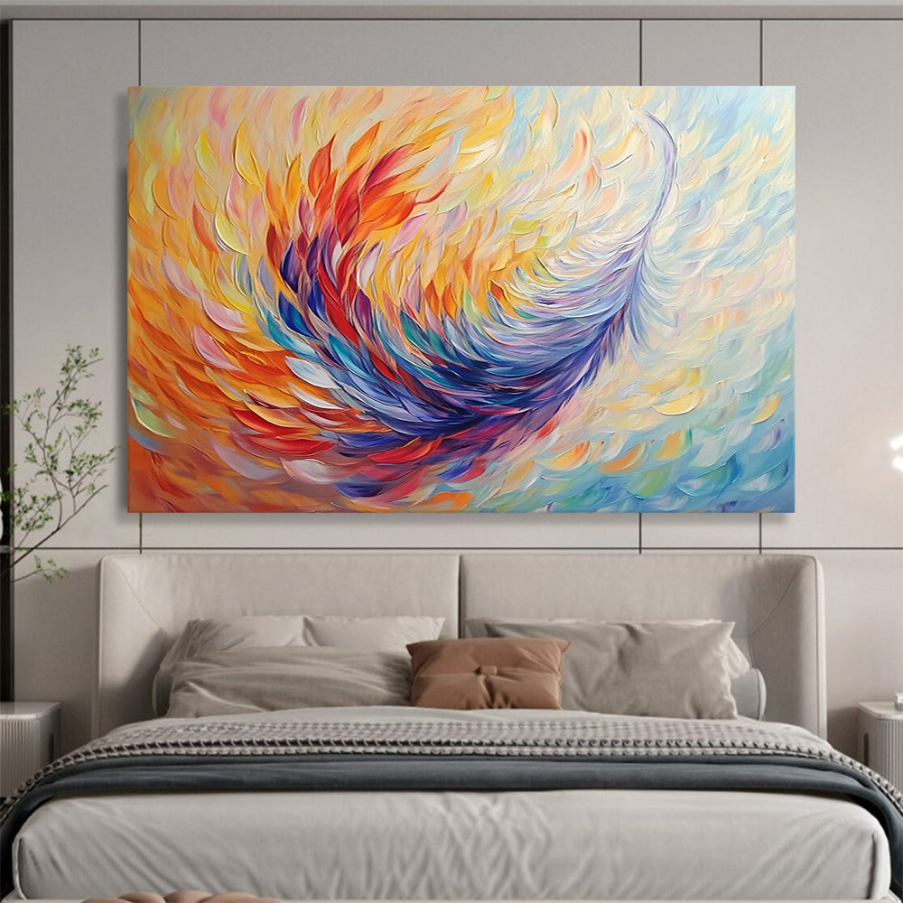 “Colorful Feather - like Abstract” - Yellow, Orange, Red, Blue, Purple with Feather Shapes - Painting On Canvas HB1395