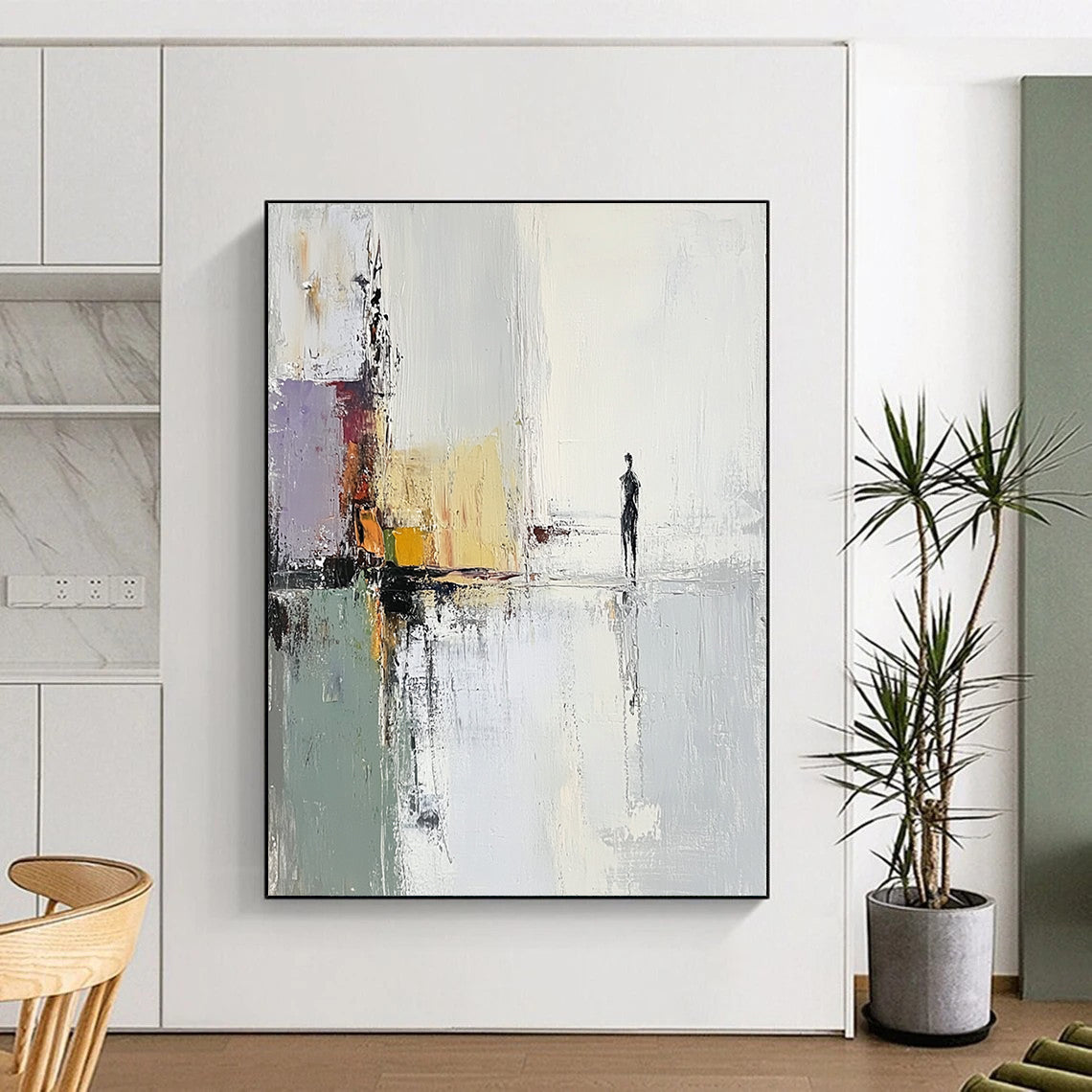 Large contemporary hand-painted abstract artwork featuring a woman by the water with soft tones and impressionist brushstrokes for a serene atmosphere. DLZ1397