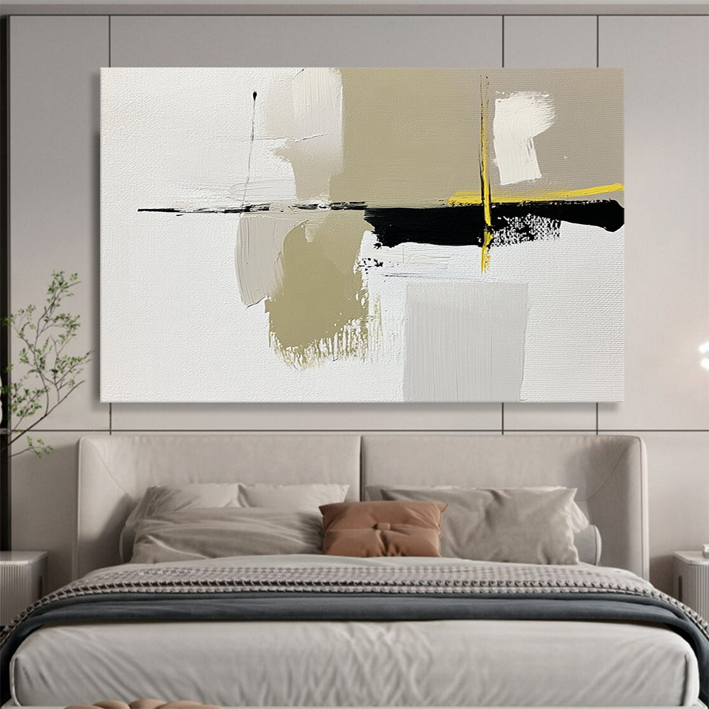“Abstract Minimalist Shapes” - White, Beige, Black, Yellow, Geometric Abstract Painting On Canvas HB0958