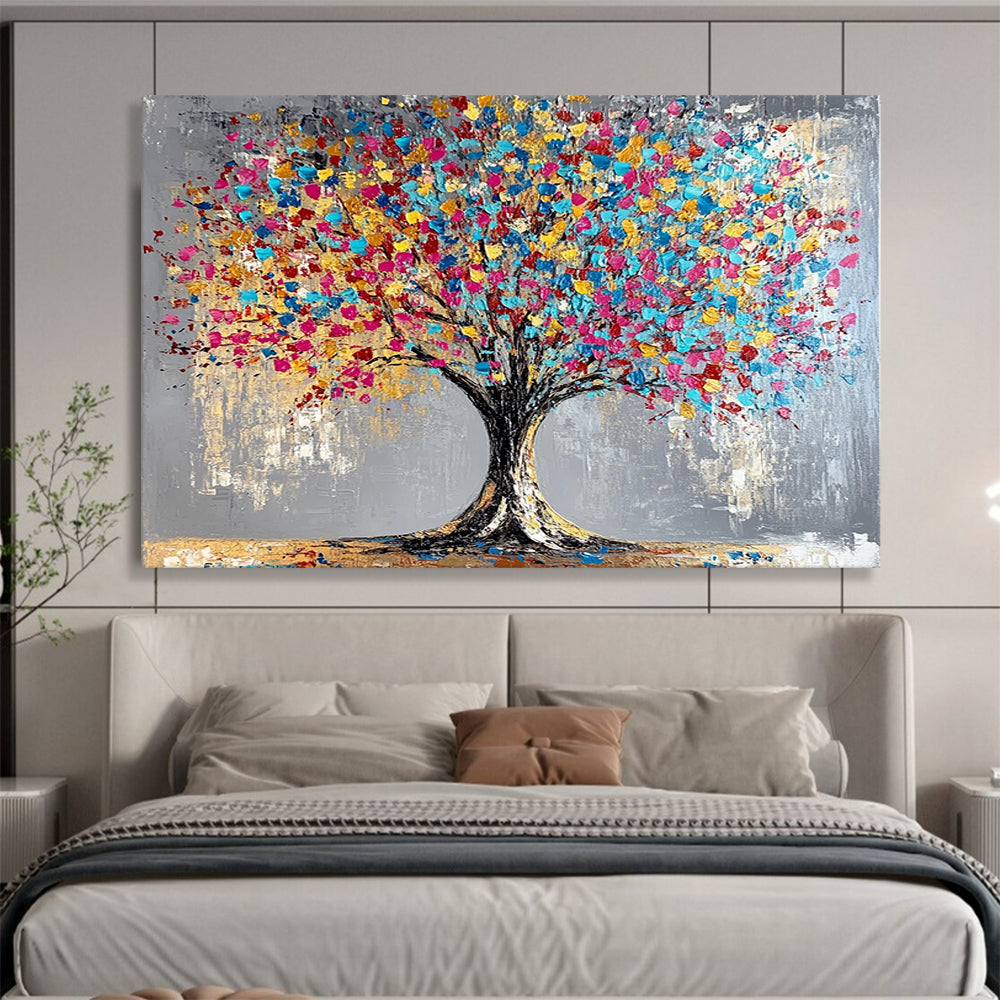 “Rainbow Leaf Tree” - Gray background, vibrant leaves, textured trunk, Abstract Tree Painting On Canvas HB0591