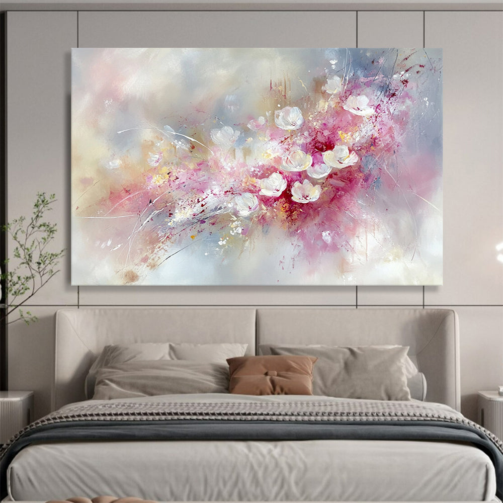 “Blush Floral Burst” - Pink, White, Gray, Abstract Flowers - Oil Painting HB1481