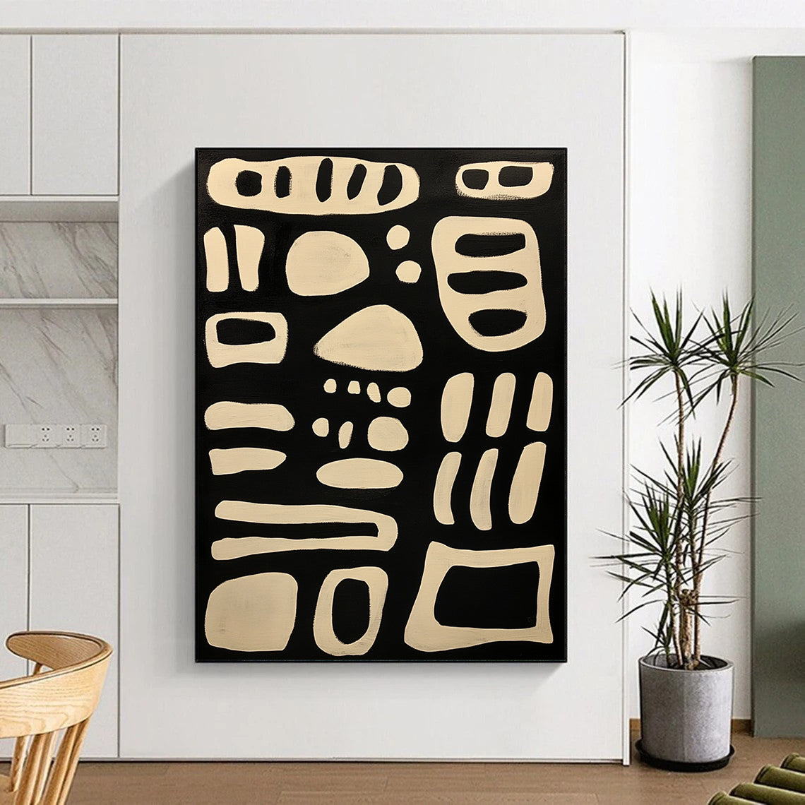 Contemporary hand-painted abstract art featuring bold lines and organic forms on a black background with elegant white isoglyph patterns. DLZ1244