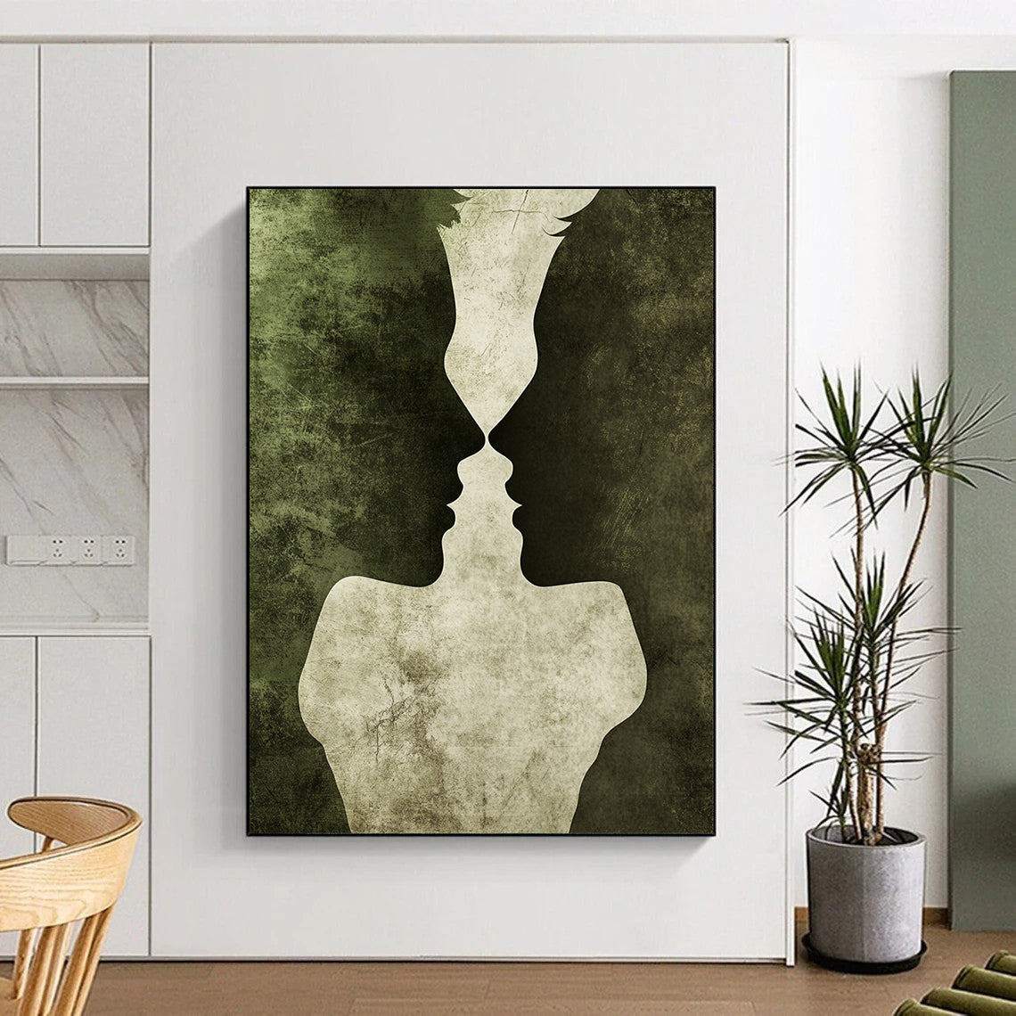 Contemporary hand-painted abstract artwork featuring entwined silhouettes in dark green and gray tones symbolizing love with rich textures and romantic atmosphere. DLZ1337