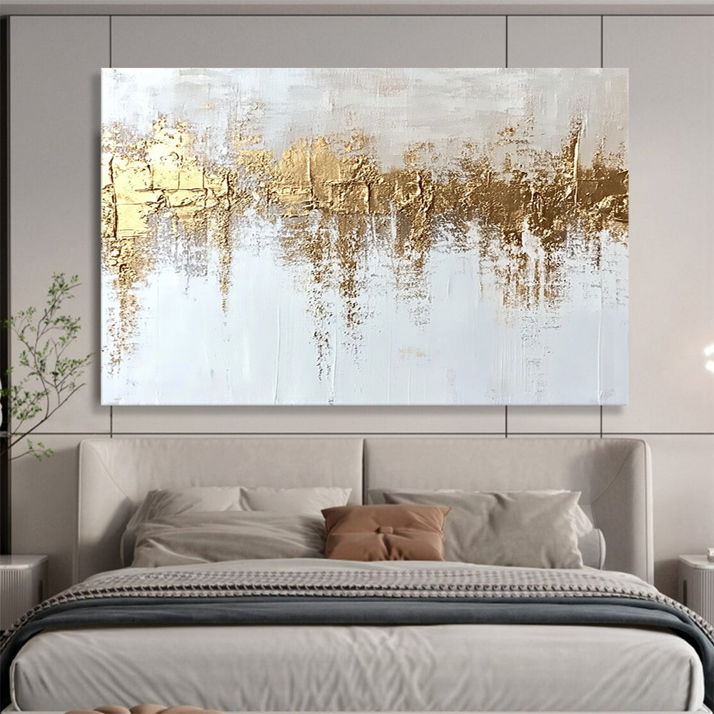 “Gold - Textured White Abstract” - White, Gold, Textured Abstract Layers Painting On Canvas HB0884