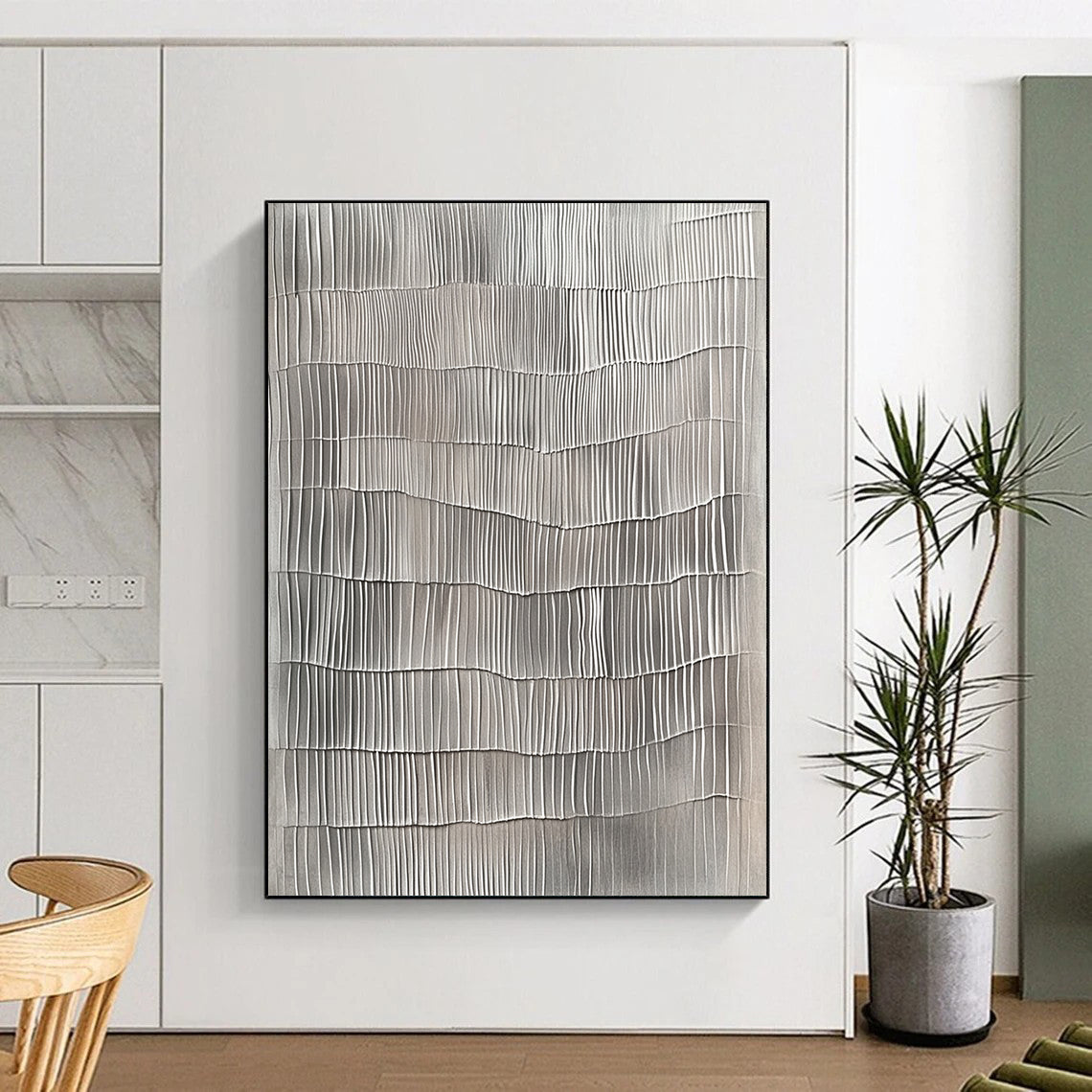 Contemporary hand-painted abstract art features textured gray vertical lines resembling wavy wood surfaces on a neutral gray background. DLZ1481