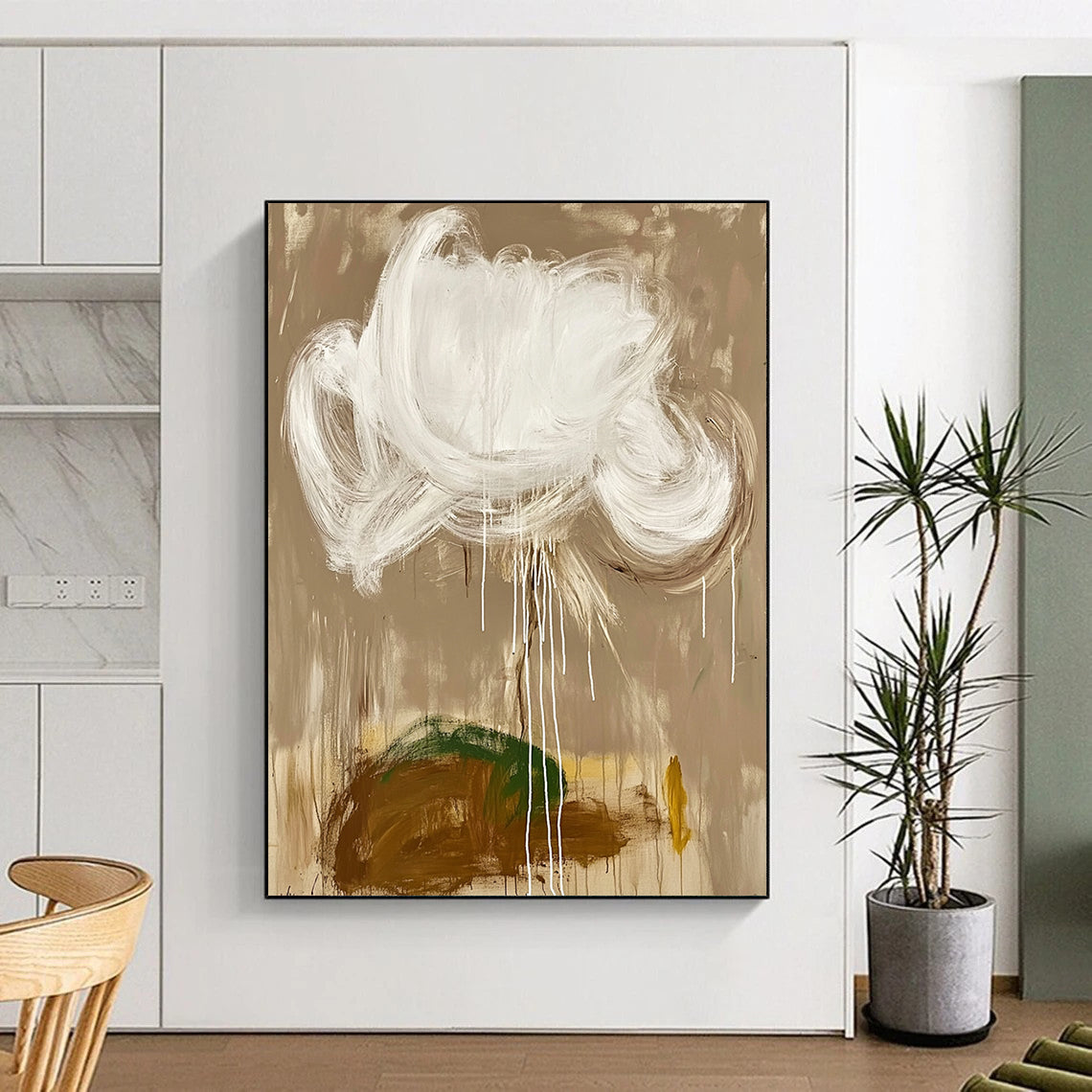 Contemporary hand-painted abstract artwork featuring a white cloud and brown earth on a beige background with white brush strokes and green details. DLZ0607