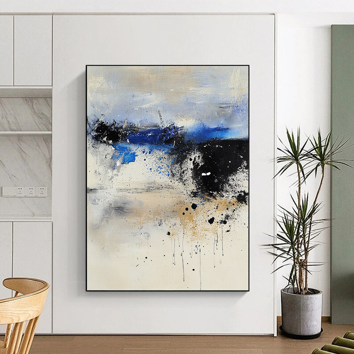 Contemporary large abstract painting featuring pale colors with dark blue and gray tones ethereal landscape textured canvas dreamlike atmosphere harmonious composition. DLZ0942