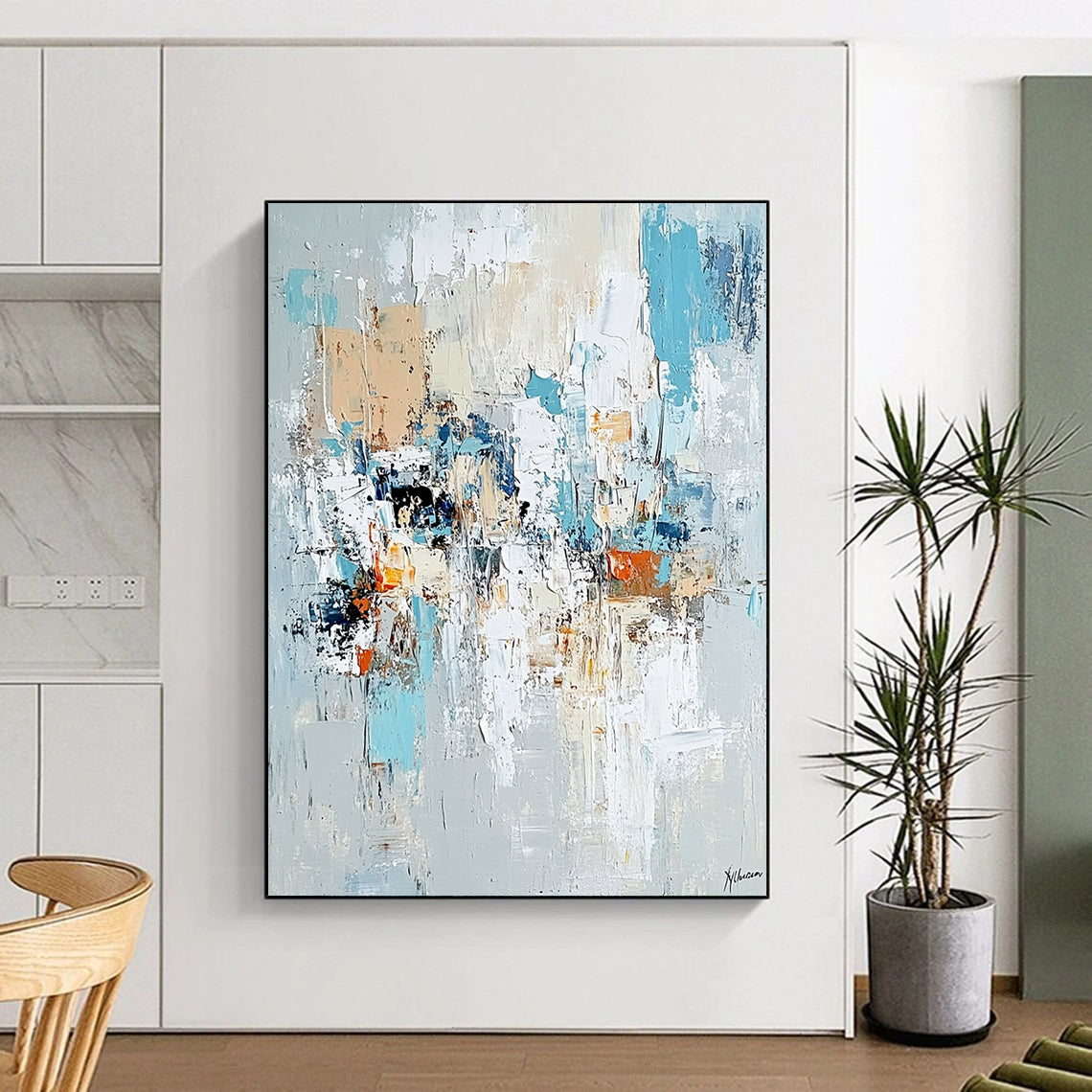 Contemporary hand-painted abstract art featuring chaotic figures with loose gestural lines pale aquamarine and rust tones on a light gray background. DLZ0980