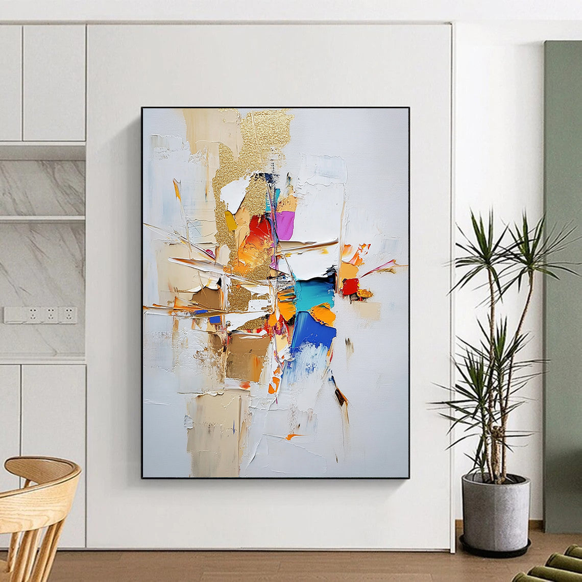 Contemporary large abstract painting featuring gold leaf and textured strokes in neutral tones with vibrant accents on a white background. DLZ0744