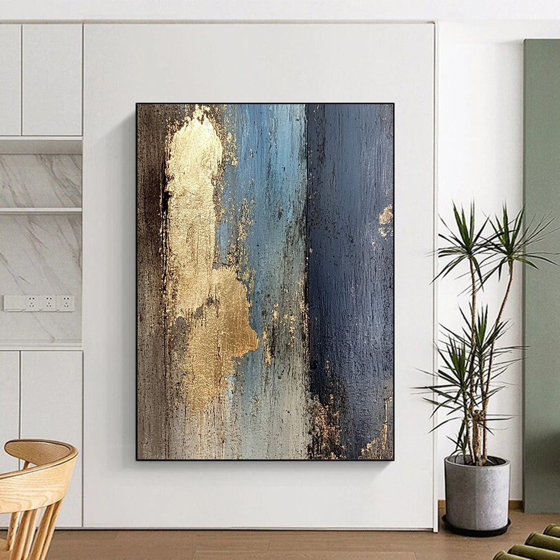 Contemporary abstract artwork featuring a textured wooden wall with peeling paint and glimpses of gold leaf, evoking a dark yet luminous atmosphere. DLZ1280
