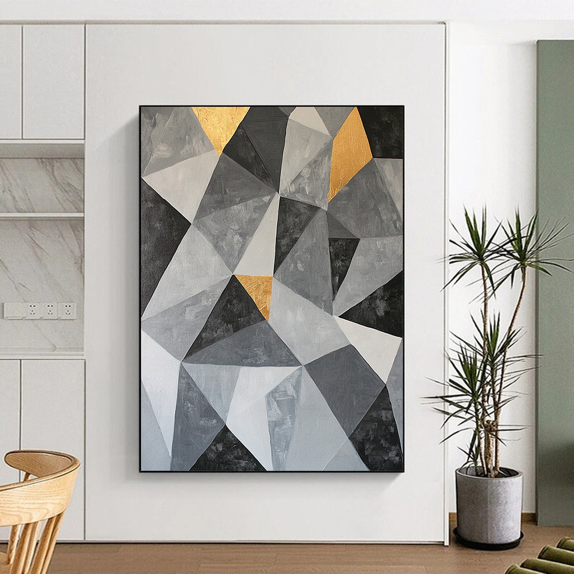 Gray, Black, White and Gold Geometric Triangles "Subtle Symmetry" Painting On Canvas HB364