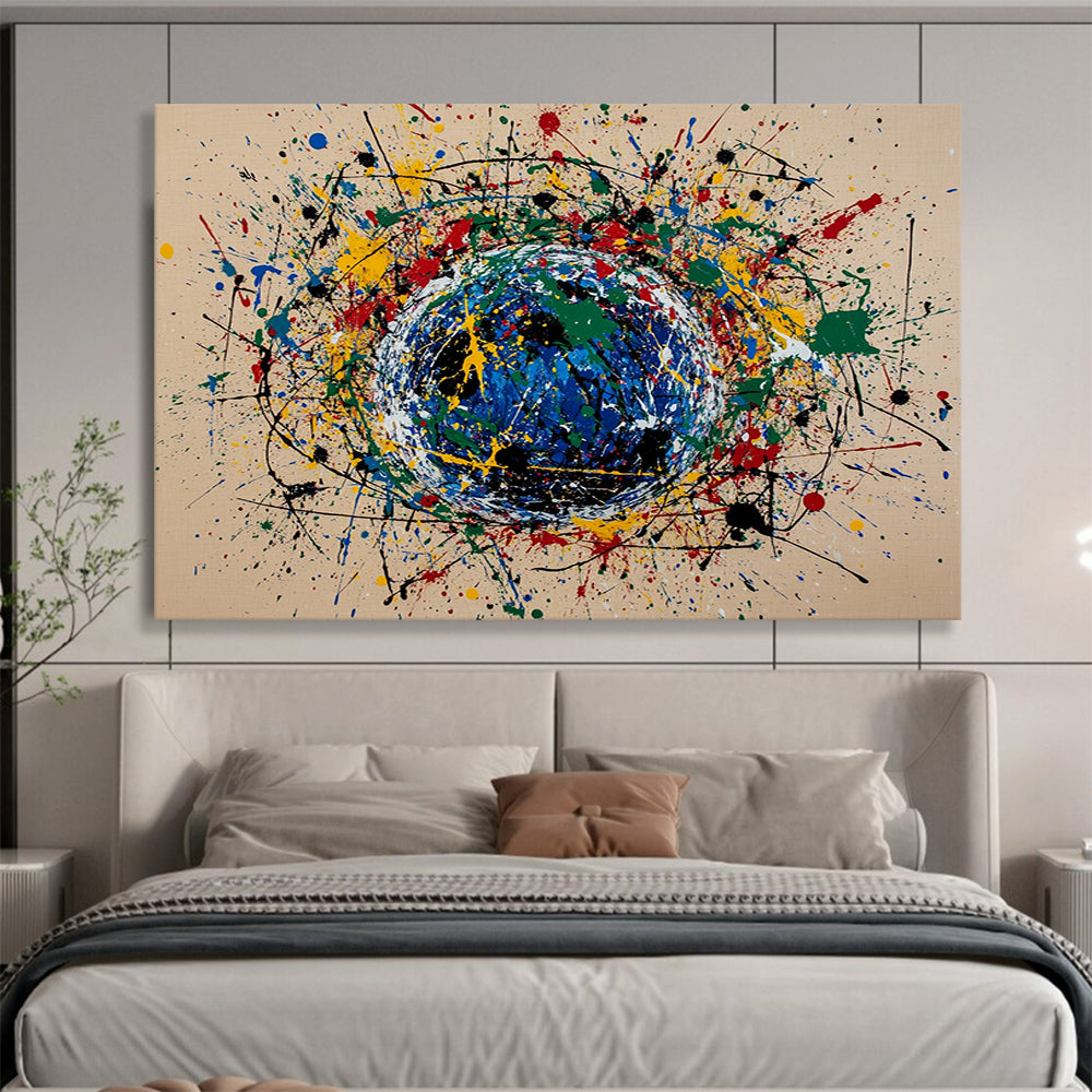 “Color - Splash Sphere” - Multicolor splashes, blue sphere, Abstract Painting On Canvas HB0564