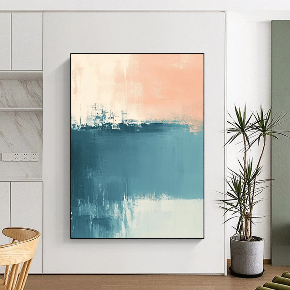 Contemporary hand-painted abstract art featuring muted blue and peach tones with soft brush strokes and a calming sea-inspired atmosphere. DLZ0554