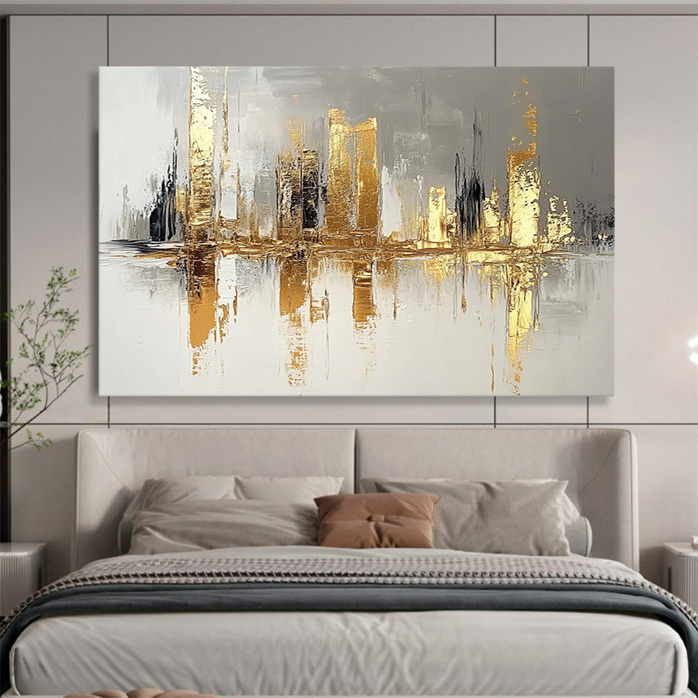 “Gilded Metropolis Reflection” - Gold, Gray, White, Abstract Cityscape with Water Reflections Painting On Canvas HB1084