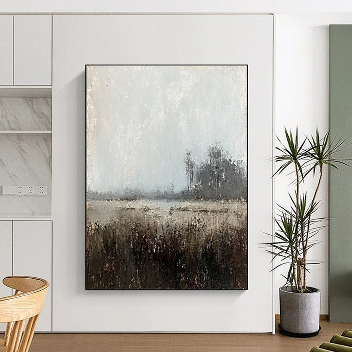 Large contemporary abstract painting featuring muted tones of gray sky and distant trees creating a misty grassland scene with soft lighting and brushstrokes. DLZ0409
