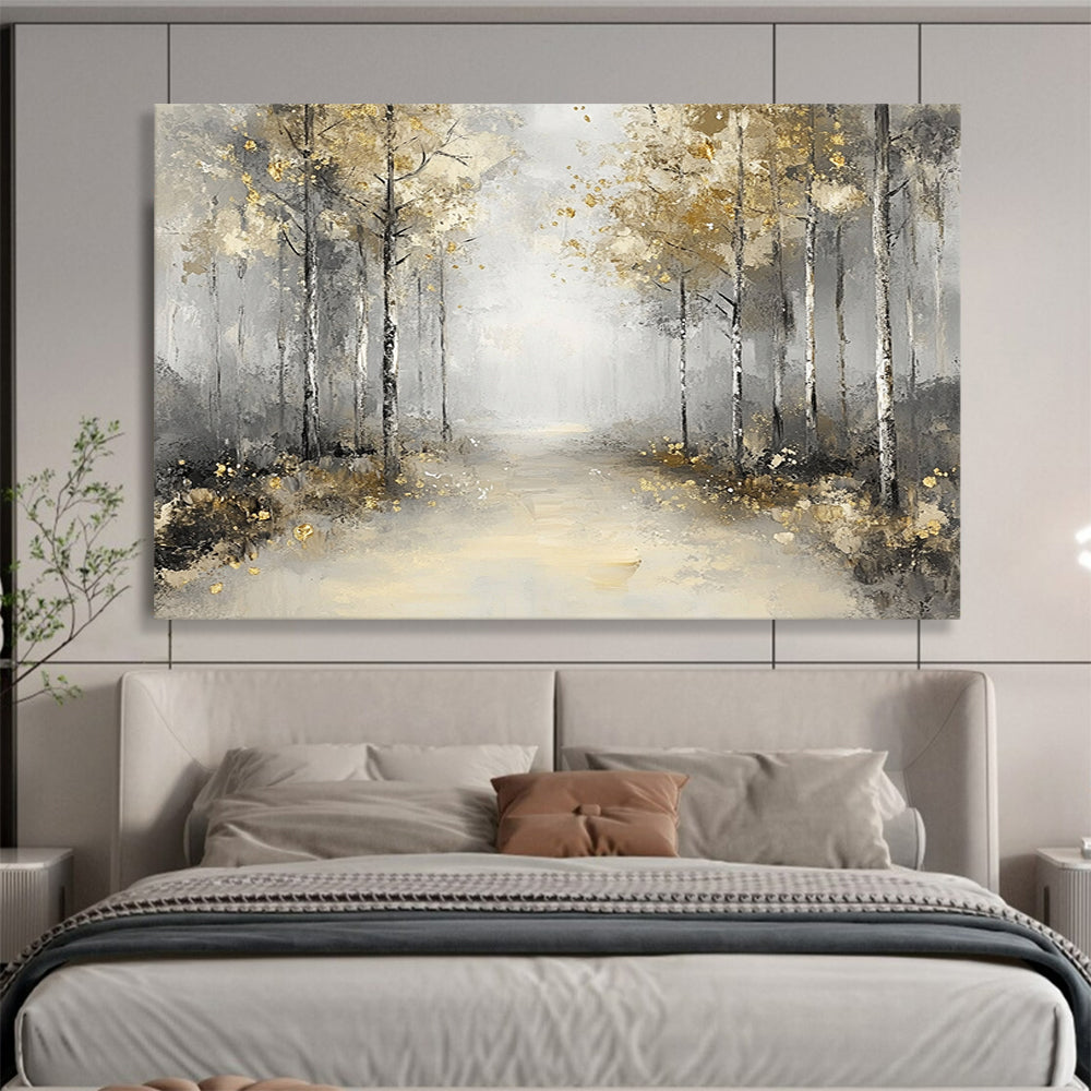 “Misty Forest Path with Gold” - Gray, Gold, Serene Forest Landscape Painting On Canvas HB0881