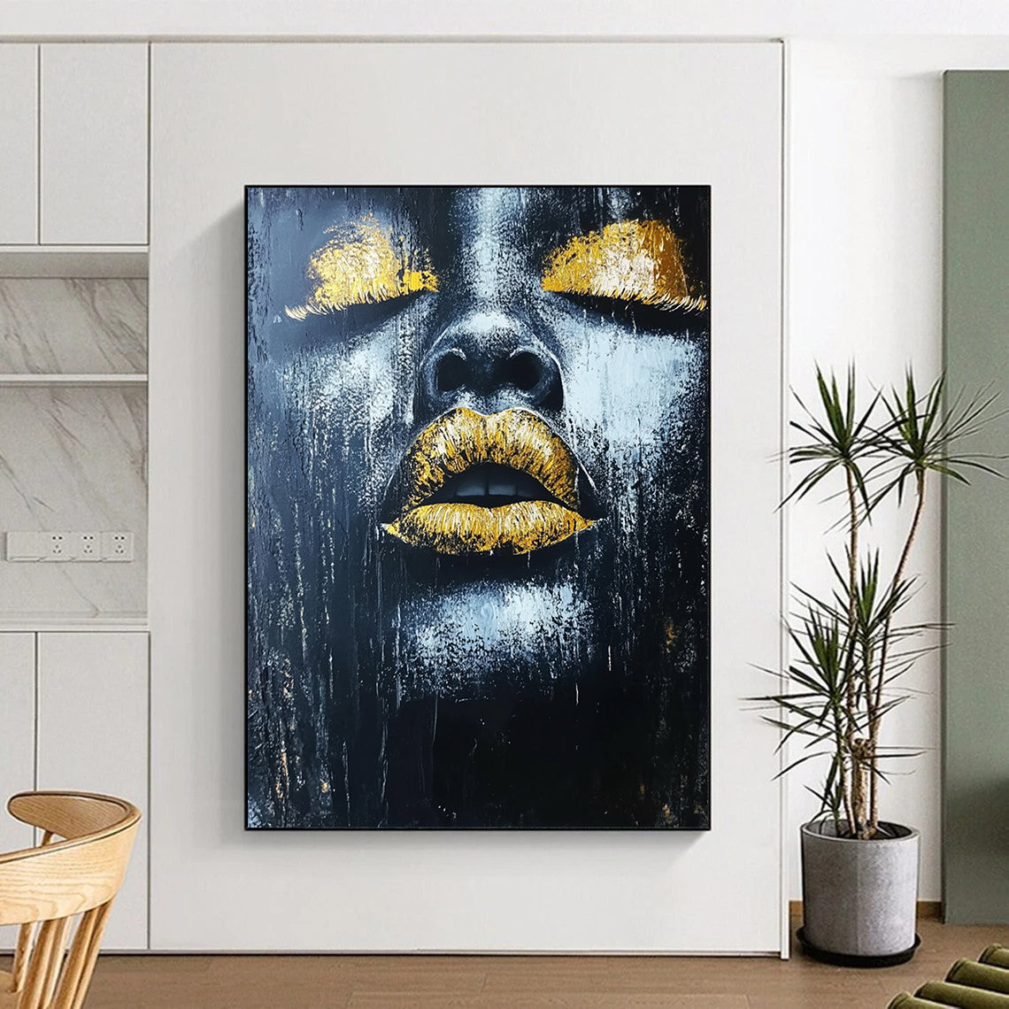 Contemporary hand-painted abstract art featuring an African woman's lips with gold leaf highlights on a dark textured background. DLZ1542