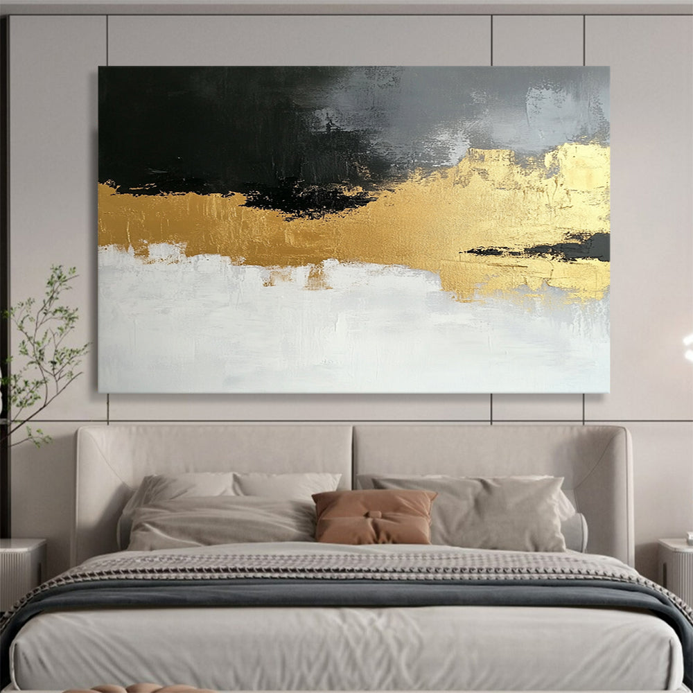 “Gold - Gray Abstract Fusion” - Gold, Gray, Textured Swirls Painting On Canvas HB0806