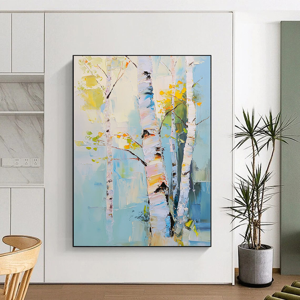Contemporary hand-painted abstract art featuring birch trees with pastel hues expressing nature's beauty through soft brushstrokes and atmospheric light effects. DLZ1104