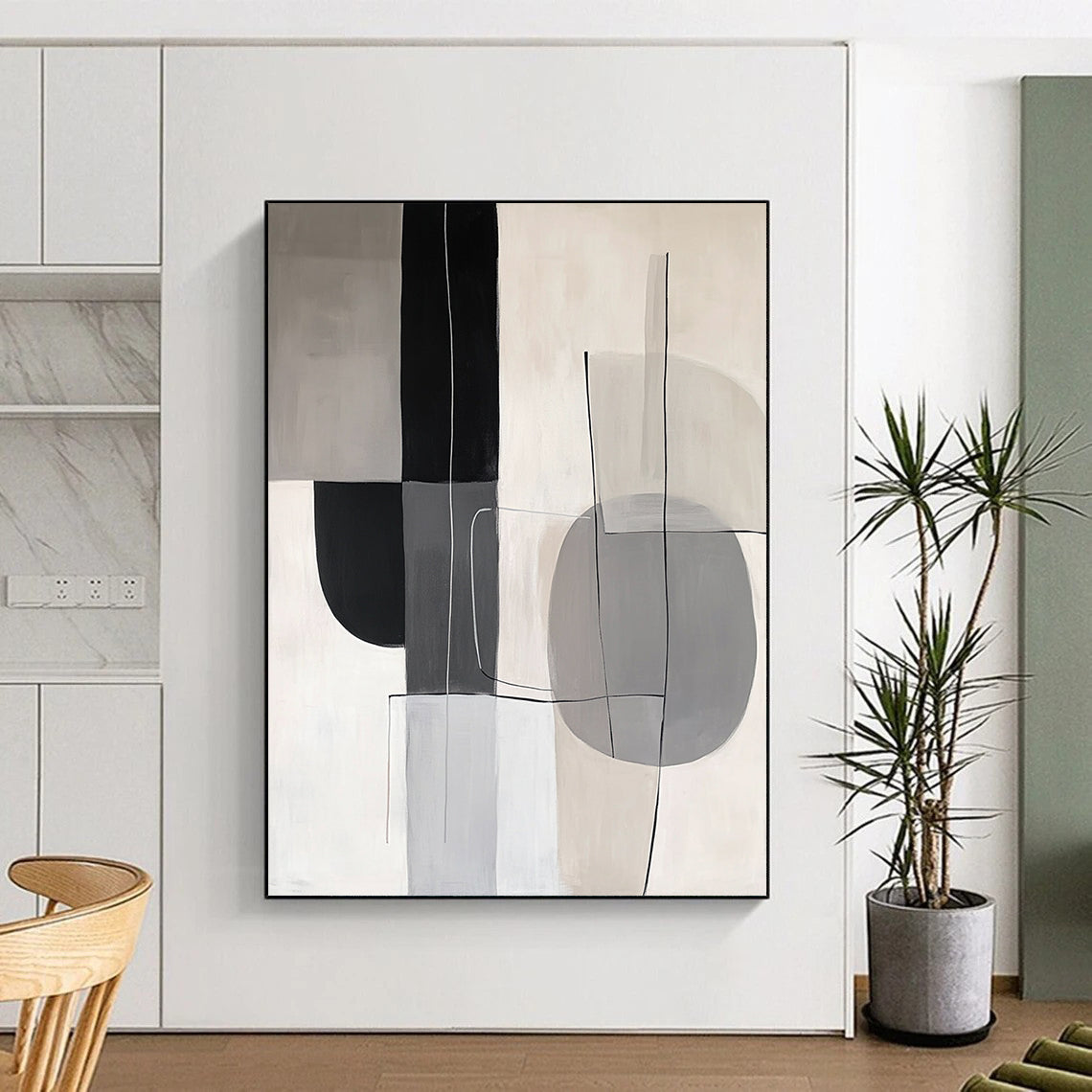 Contemporary hand-painted abstract artwork featuring gray, white, and black shapes that embody the elegance and simplicity of Japandi style. DLZ1050