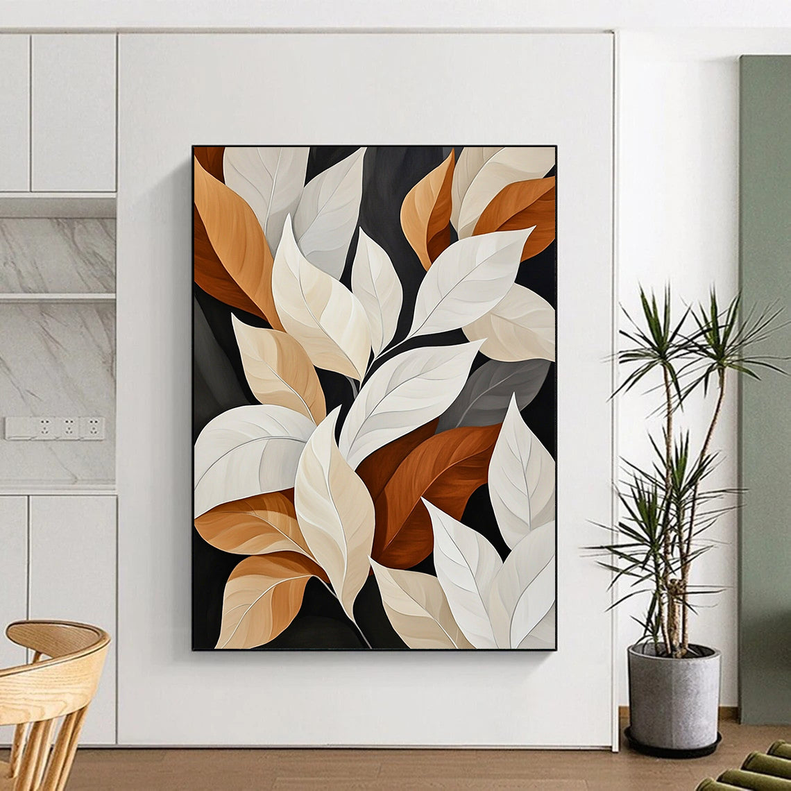Contemporary abstract painting featuring white and beige leaves with brown edges on dark backgrounds showcasing varied sizes shapes and angles in a muted color palette. DLZ1425