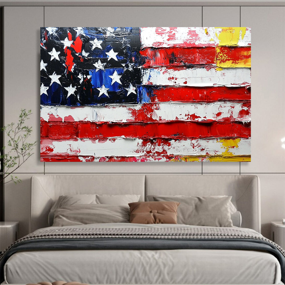 “Textured Flag Tribute” - Red, white, blue, yellow; Thick, weathered strokes on an American flag; Palette Knife Oil Painting On Canvas HB1174